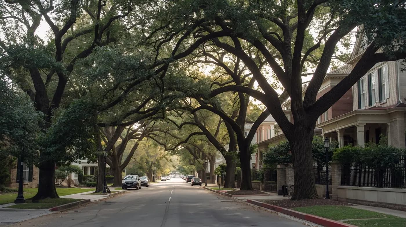 A residential street in Alamo Heights, San Antonio, shaded by mature live oaks
